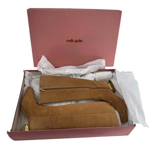 Cult Gaia NEW Zuri Knee High Boot in Camel Brown Gold Sculptural Heel Size 9 - Picture 12 of 14